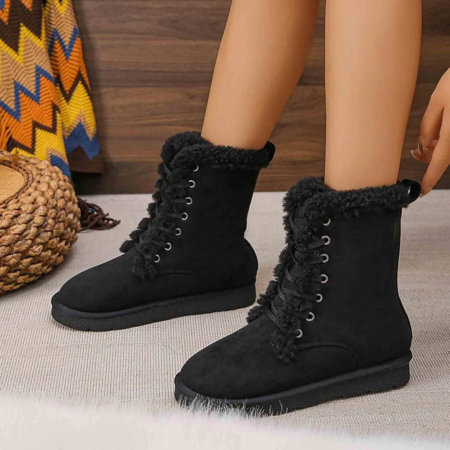 Winter Snow Boots for Women Warm Fur Lined Ankle Booties Lace Up Slip on Flat Cotton Shoes Outdoor Walking Boots