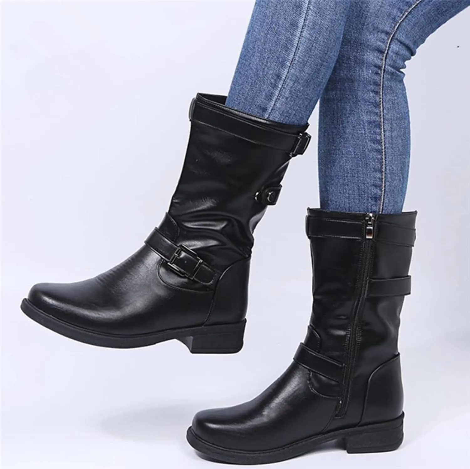 Women's Belt Buckle Boots Solid Fashion Leather Boots Low Heeled Waterproof Warm Winter Boots Mid-Calf Anti Skid Rain Booties (Purple 5 UK) (Purple 7 UK)