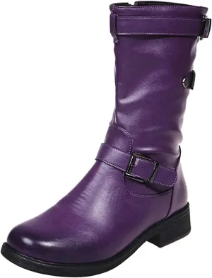 Women's Belt Buckle Boots Solid Fashion Leather Boots Low Heeled Waterproof Warm Winter Boots Mid-Calf Anti Skid Rain Booties (Purple 5 UK) (Purple 7 UK)