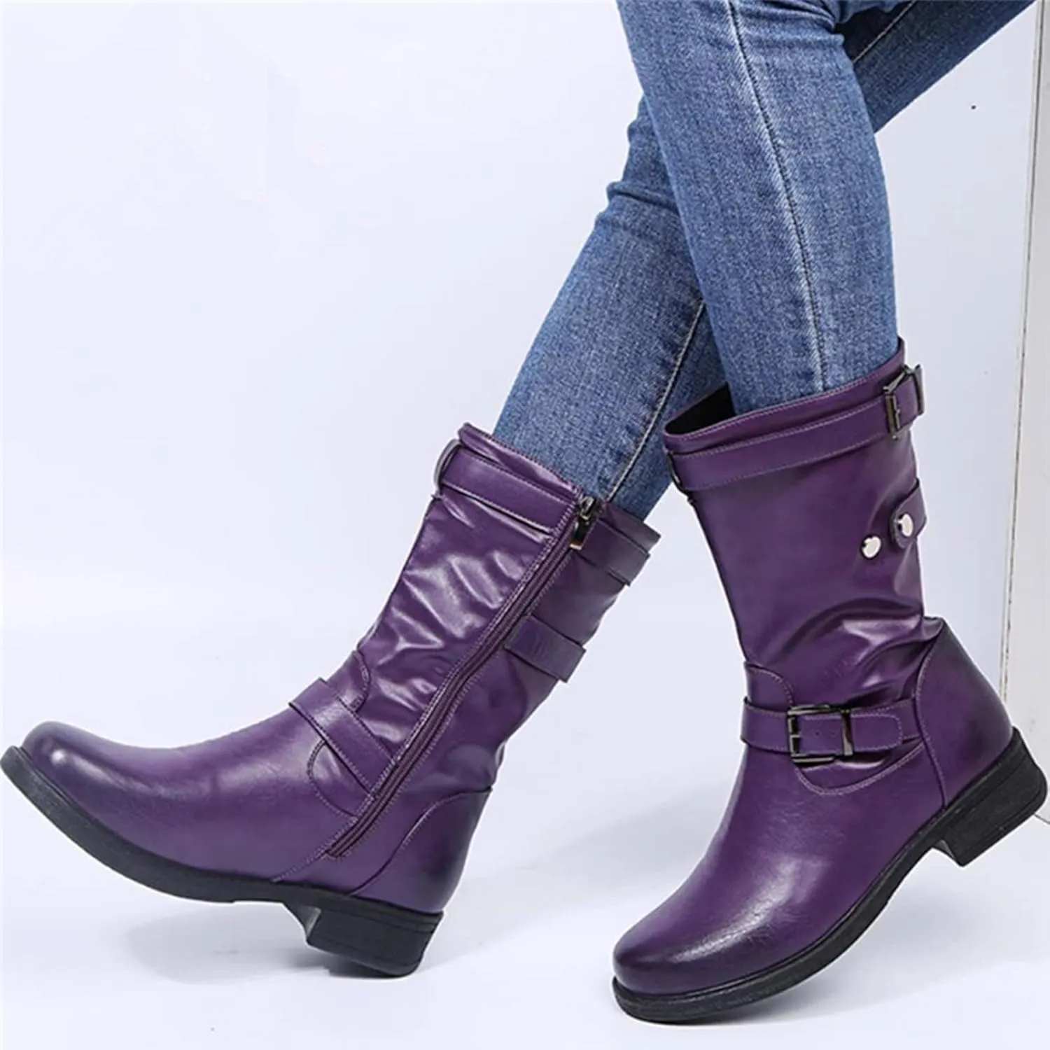 Women's Belt Buckle Boots Solid Fashion Leather Boots Low Heeled Waterproof Warm Winter Boots Mid-Calf Anti Skid Rain Booties (Purple 5 UK) (Purple 7 UK)