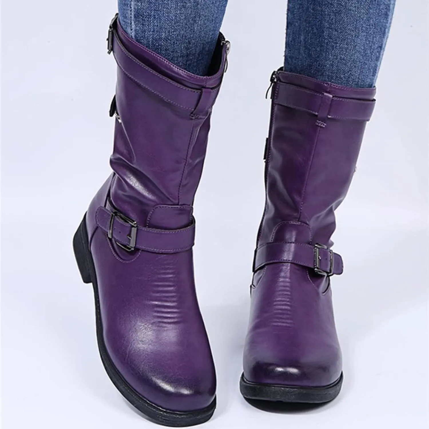 Women's Belt Buckle Boots Solid Fashion Leather Boots Low Heeled Waterproof Warm Winter Boots Mid-Calf Anti Skid Rain Booties (Purple 5 UK) (Purple 7 UK)