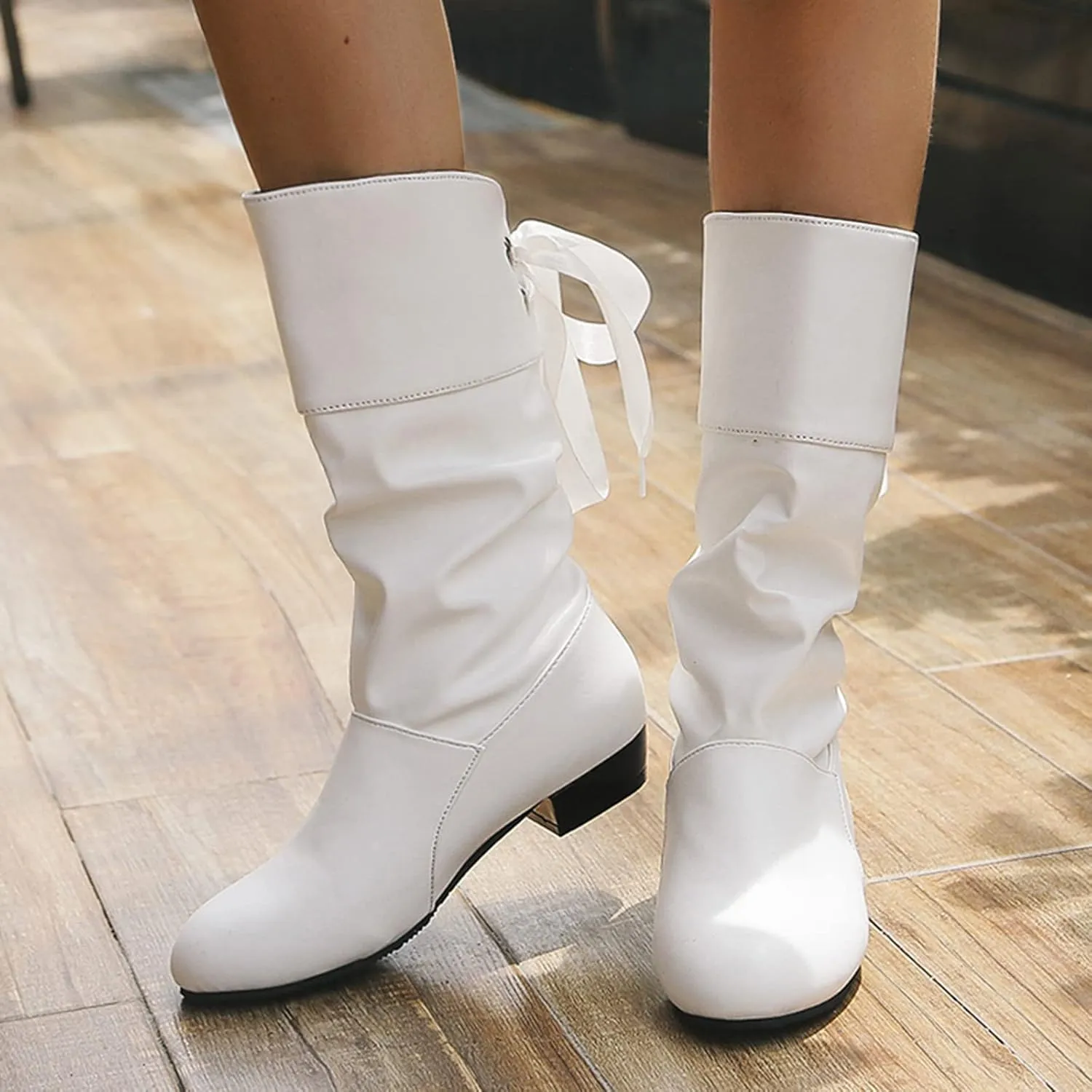 Womens Boots Fashion Bow Tie Solid Color Pleated Leather Boots for Women Elegant Exquisite Mid-Calf Boots