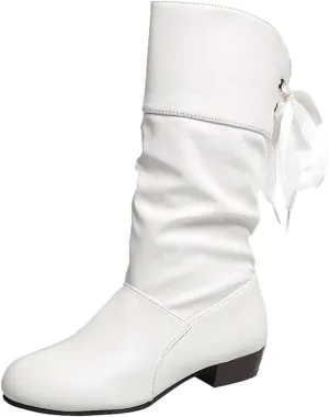 Womens Boots Fashion Bow Tie Solid Color Pleated Leather Boots for Women Elegant Exquisite Mid-Calf Boots