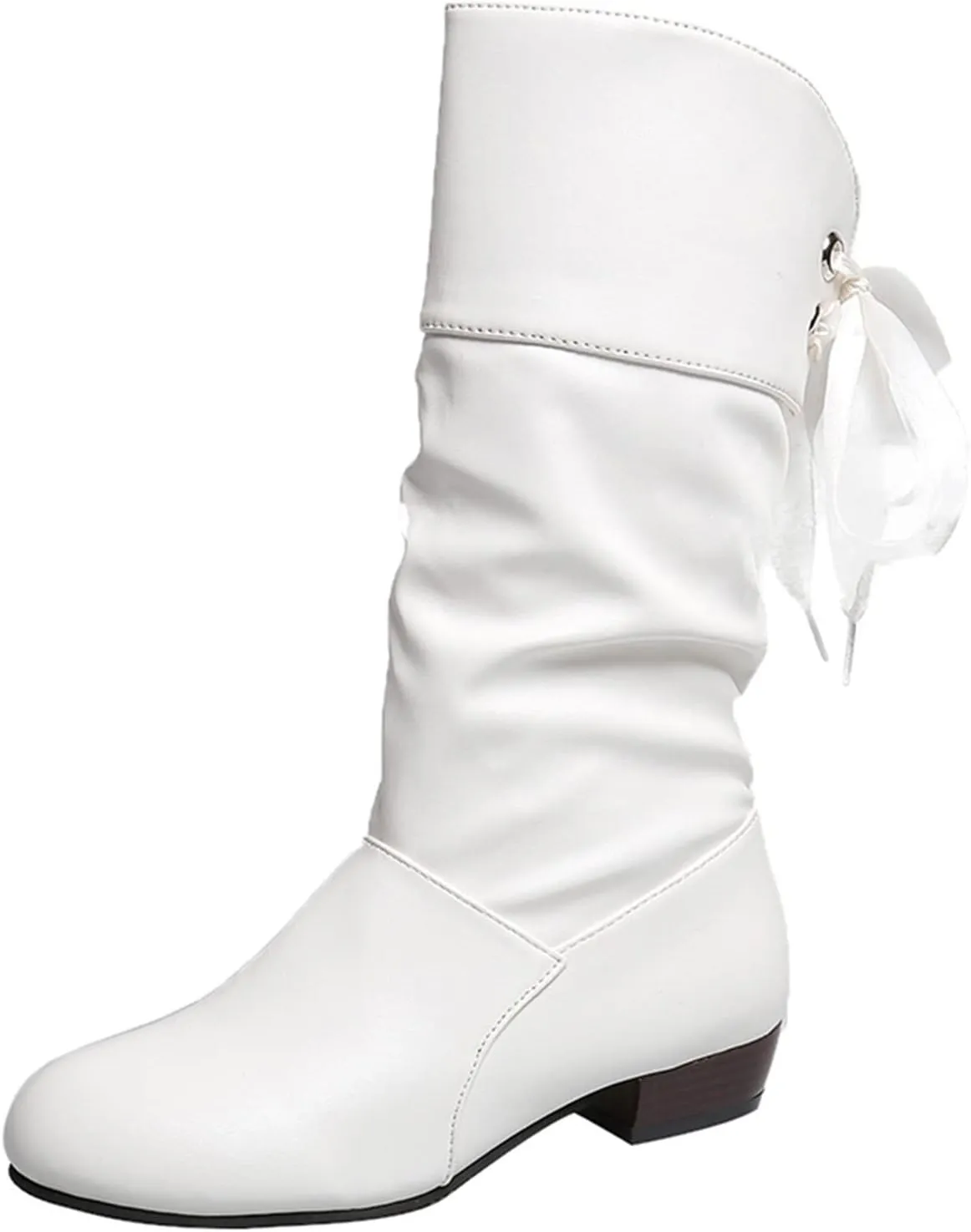 Womens Boots Fashion Bow Tie Solid Color Pleated Leather Boots for Women Elegant Exquisite Mid-Calf Boots