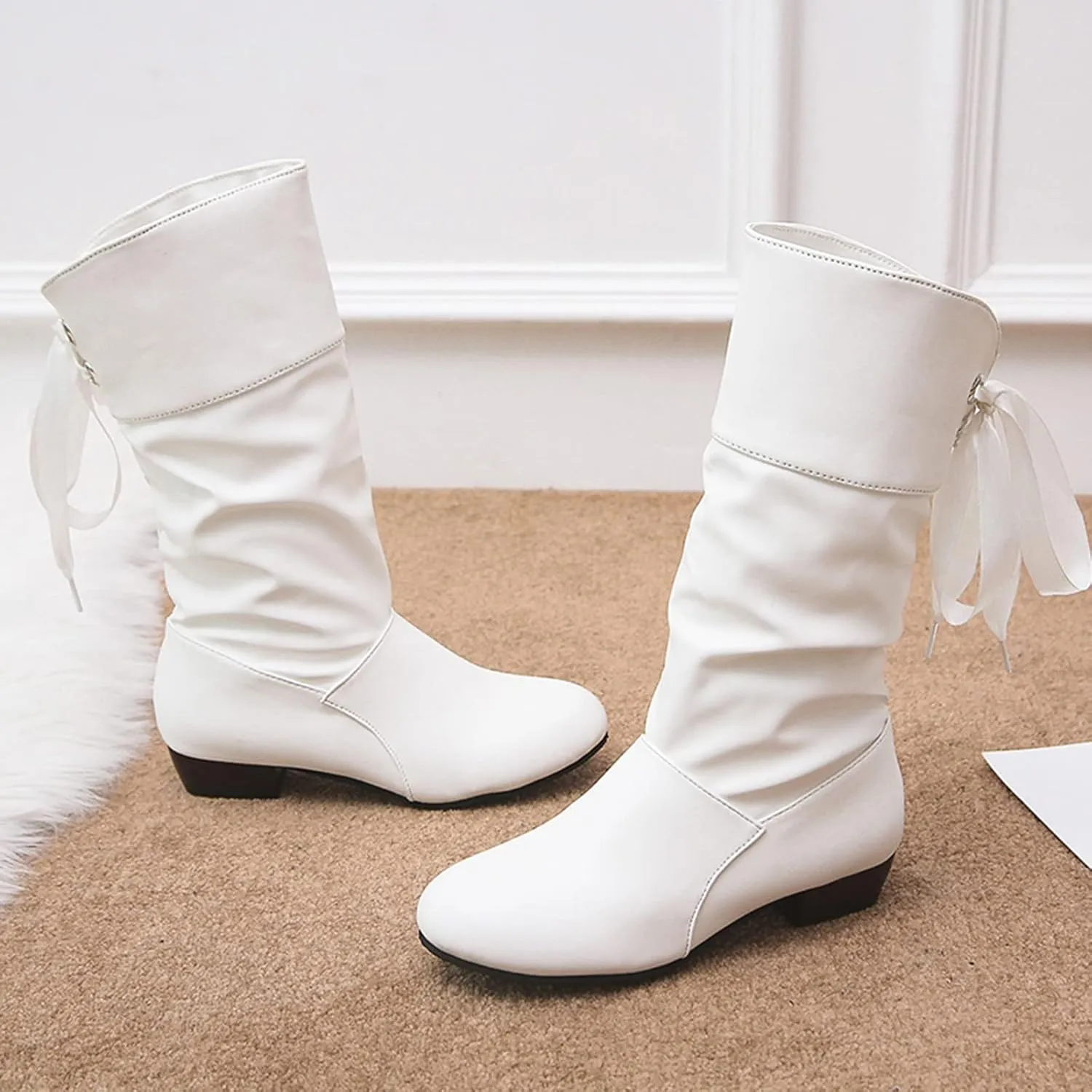 Womens Boots Fashion Bow Tie Solid Color Pleated Leather Boots for Women Elegant Exquisite Mid-Calf Boots