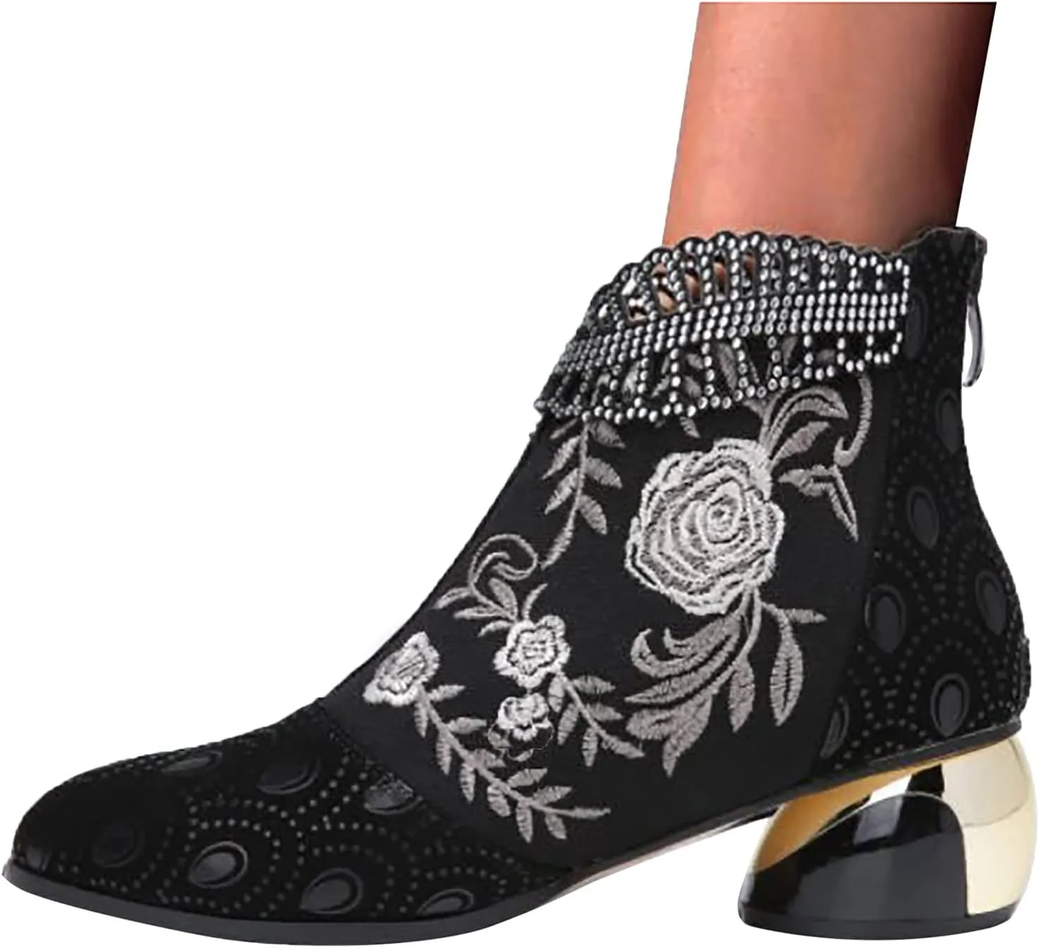Womens Boots Fashion Pattern Chunky Heels Side Zipper Boots for Women Vintage PU Leather Elegant Ankle Boots
