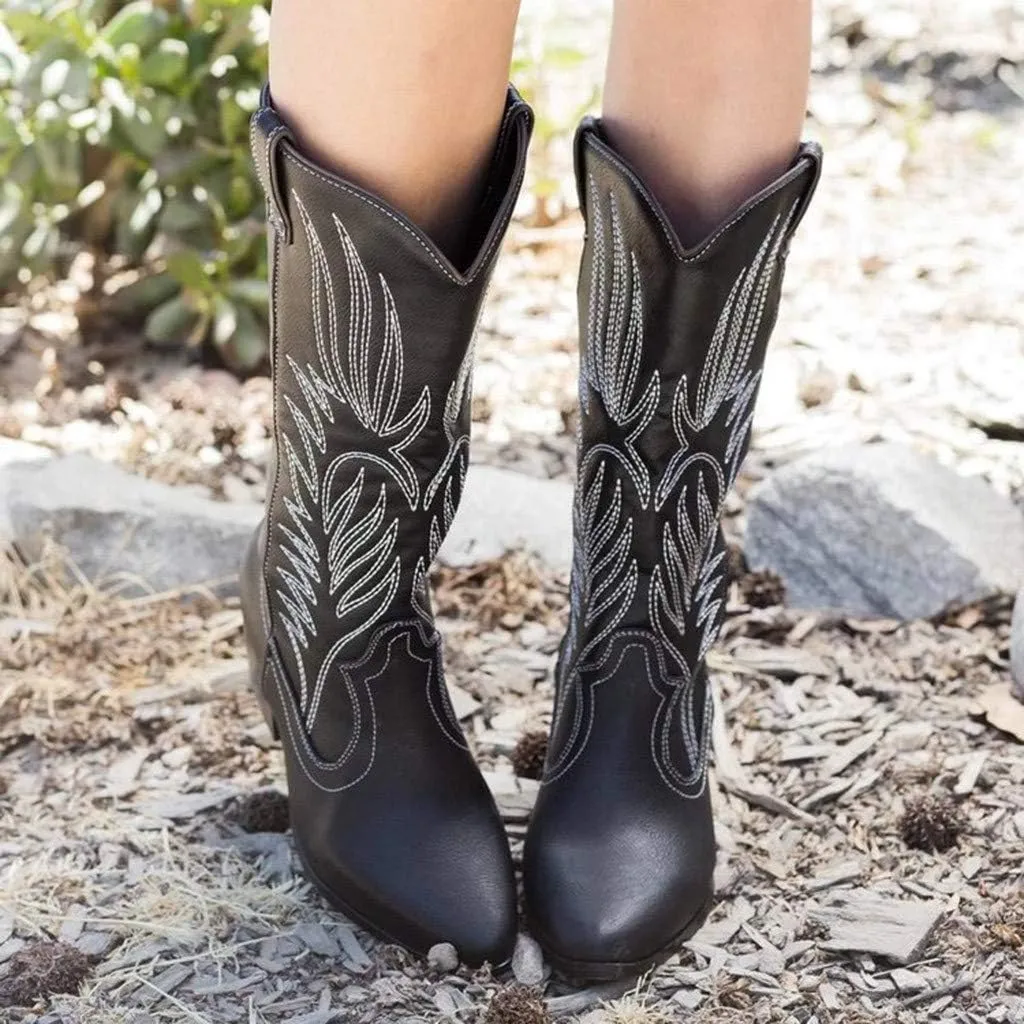 Womens Boots Fashion Pattern PU Leather Slip On Outdoor Boots for Women Chunky Heel Winter Boots for Women