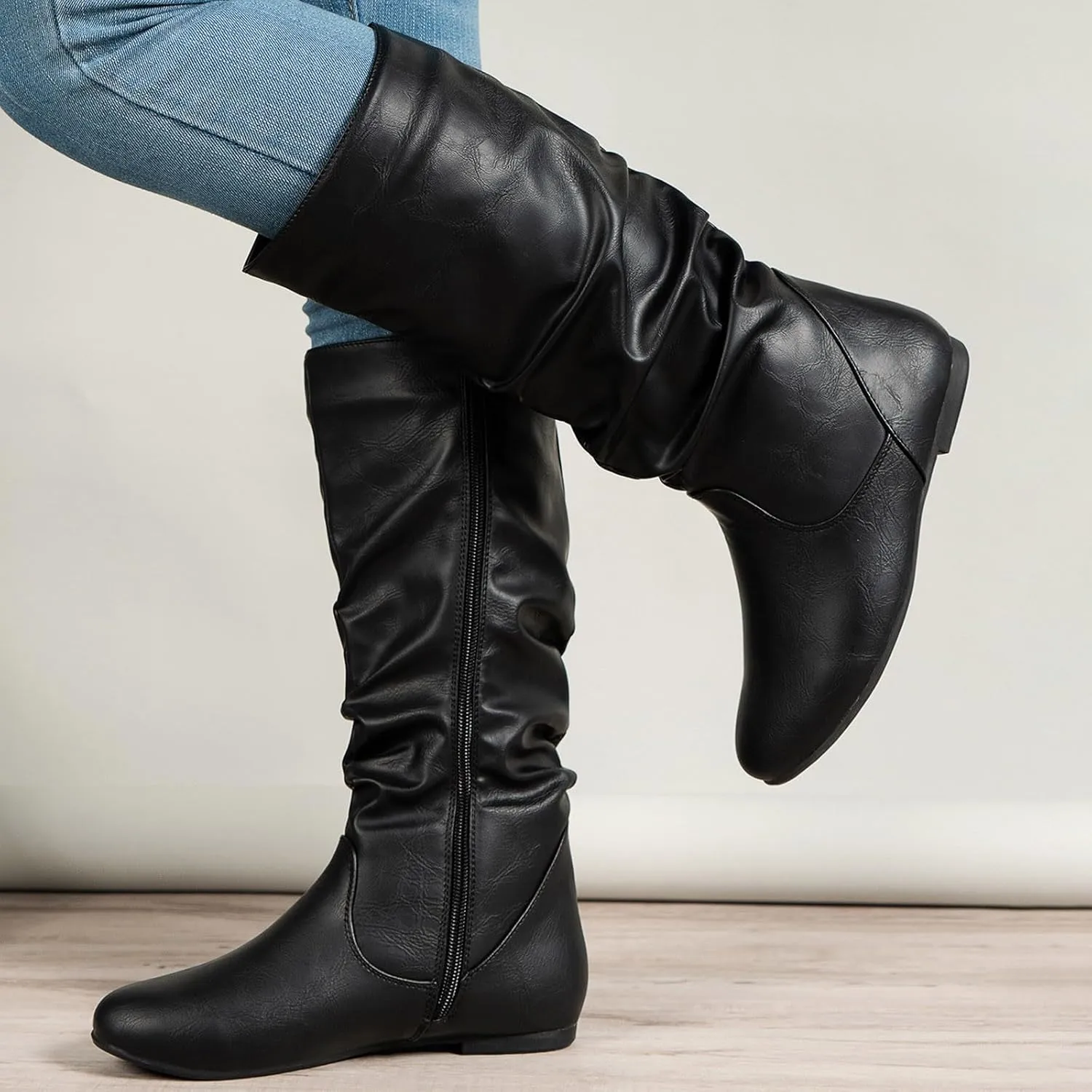 Womens Boots Fashion Side Zipper Thick Heels Retro Boots for Women Round Head Pleated PU Leather Mid-Calf Boots