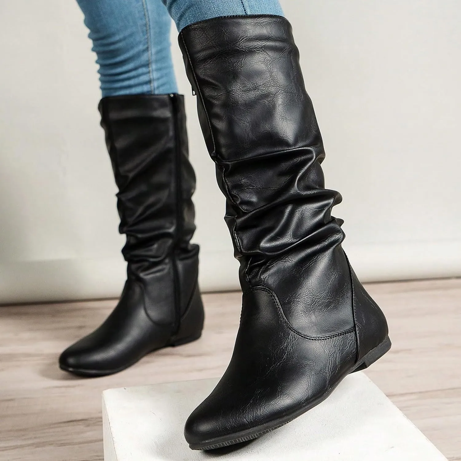 Womens Boots Fashion Side Zipper Thick Heels Retro Boots for Women Round Head Pleated PU Leather Mid-Calf Boots