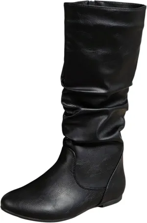 Womens Boots Fashion Side Zipper Thick Heels Retro Boots for Women Round Head Pleated PU Leather Mid-Calf Boots