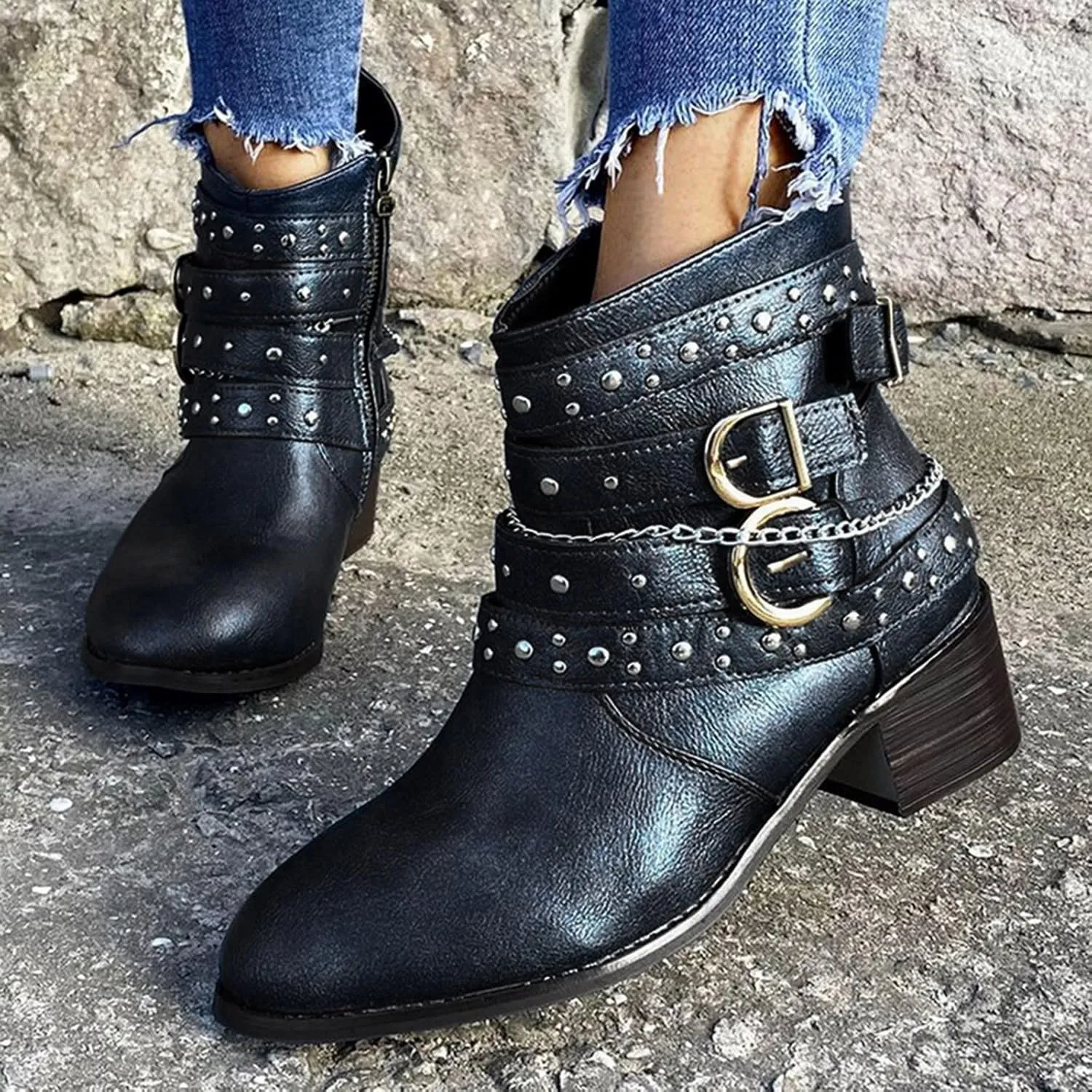Womens Boots Retro Fashion Button Thick Heel Round Toe Boots for Women Durable Soft Leather Winter Boots