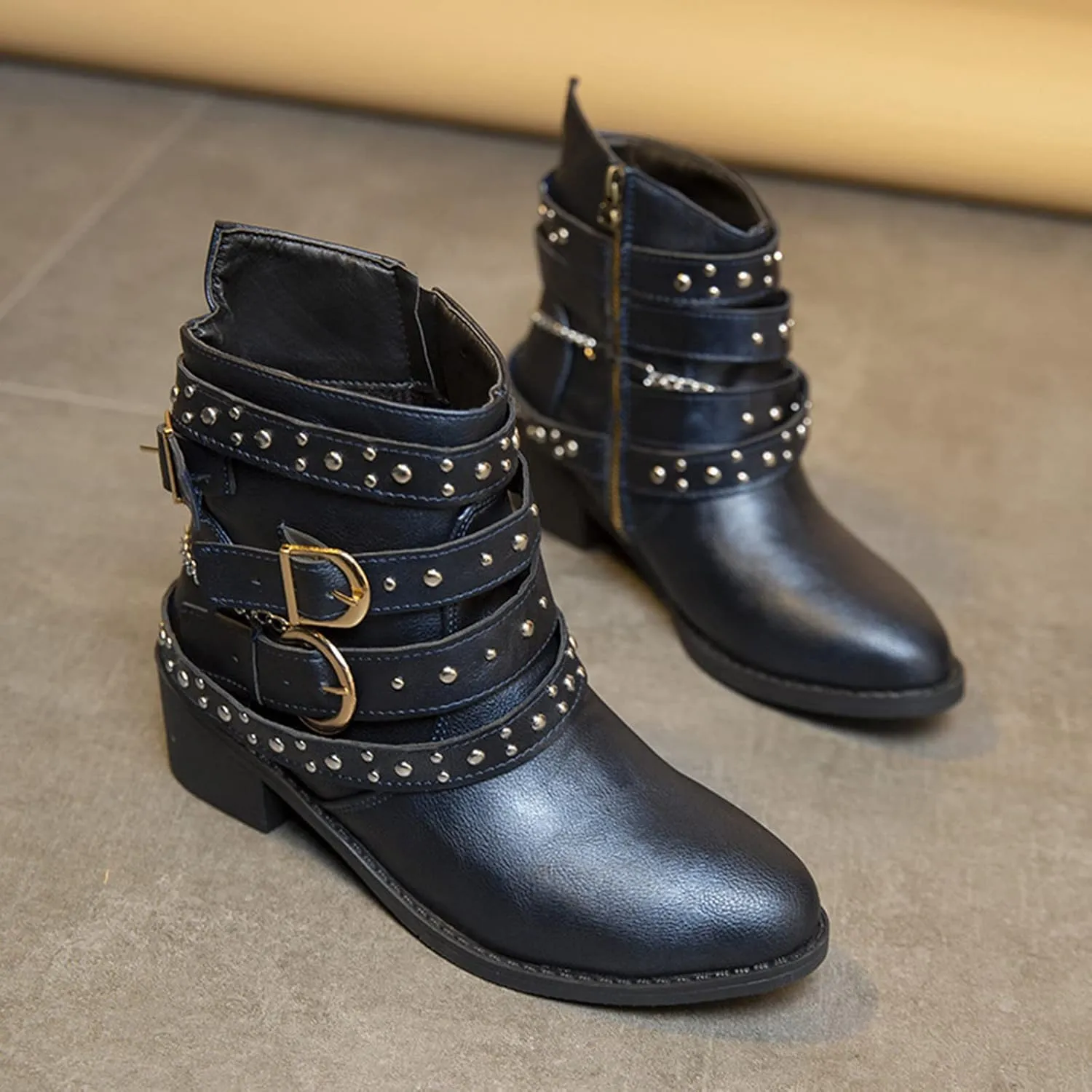 Womens Boots Retro Fashion Button Thick Heel Round Toe Boots for Women Durable Soft Leather Winter Boots