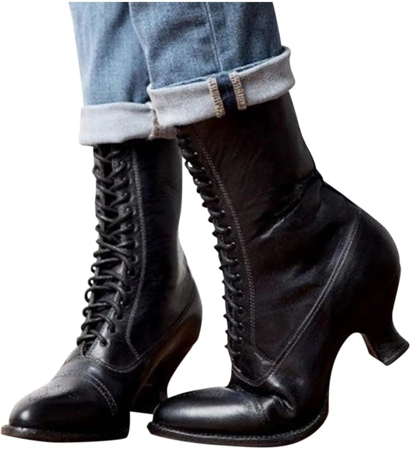 Womens Boots Retro Gothic Warm Insulated Short Heel Boots for Women Lace Up Cozy Faux Leather Mid-Calf Boots