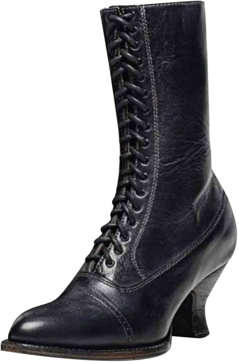 Womens Boots Retro Gothic Warm Insulated Short Heel Boots for Women Lace Up Cozy Faux Leather Mid-Calf Boots