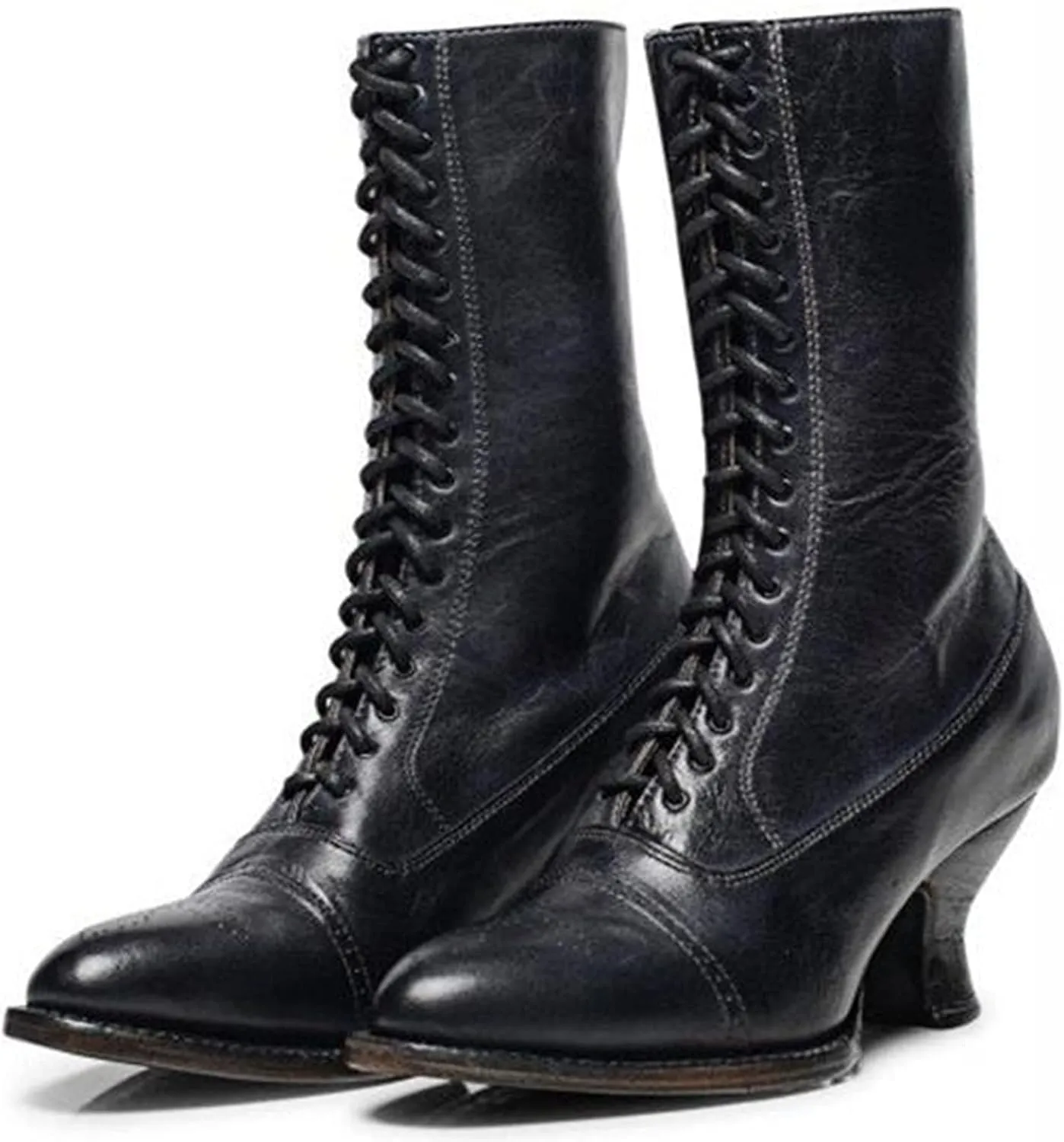Womens Boots Retro Gothic Warm Insulated Short Heel Boots for Women Lace Up Cozy Faux Leather Mid-Calf Boots