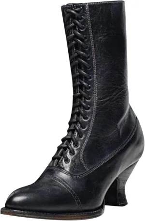 Womens Boots Retro Gothic Warm Insulated Short Heel Boots for Women Lace Up Cozy Faux Leather Mid-Calf Boots
