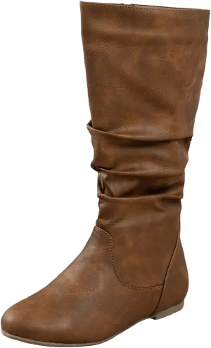 Womens Boots Retro Side Zipper Round Head Boots for Women Thick Heels Comfortable Pleated Leather Mid-Calf Boots