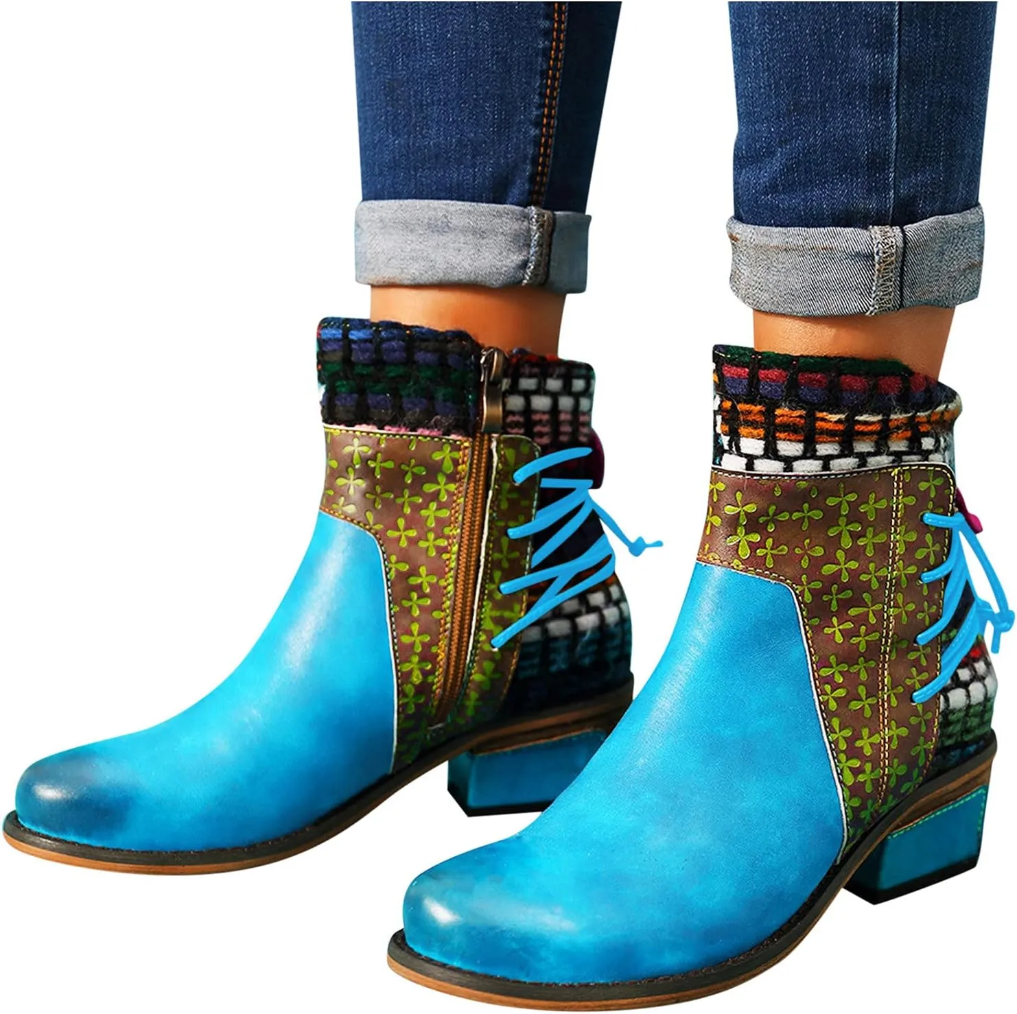 Womens Boots Roman Ethnic Style Soft Cozy PU Leather Fashion Boots for Women Side Zipper Square Heel Ankle Boots