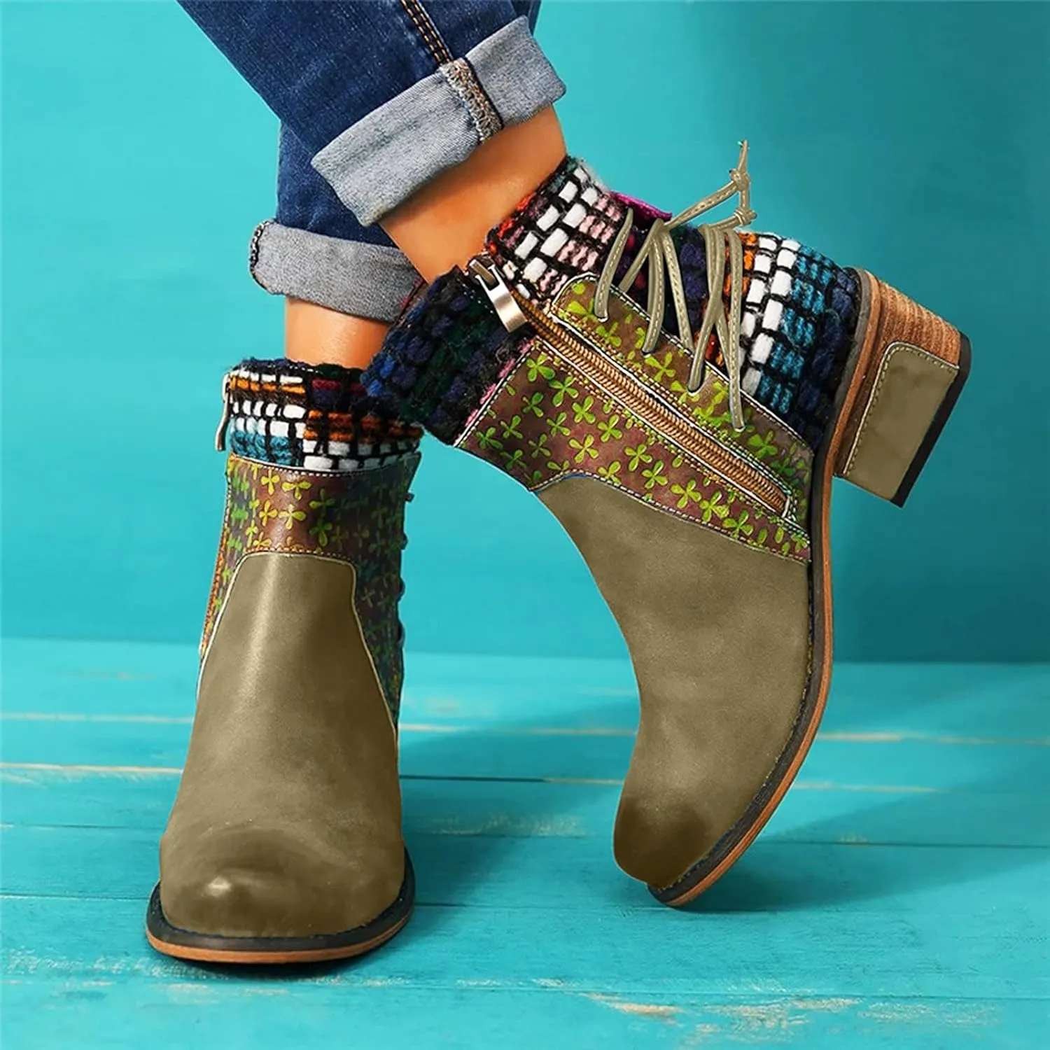 Womens Boots Roman Ethnic Style Soft Cozy PU Leather Fashion Boots for Women Side Zipper Square Heel Ankle Boots
