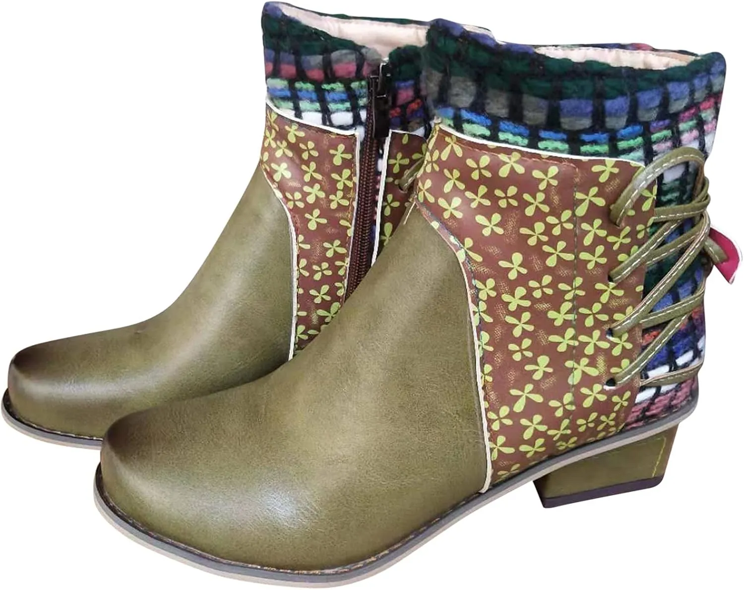 Womens Boots Roman Ethnic Style Soft Cozy PU Leather Fashion Boots for Women Side Zipper Square Heel Ankle Boots