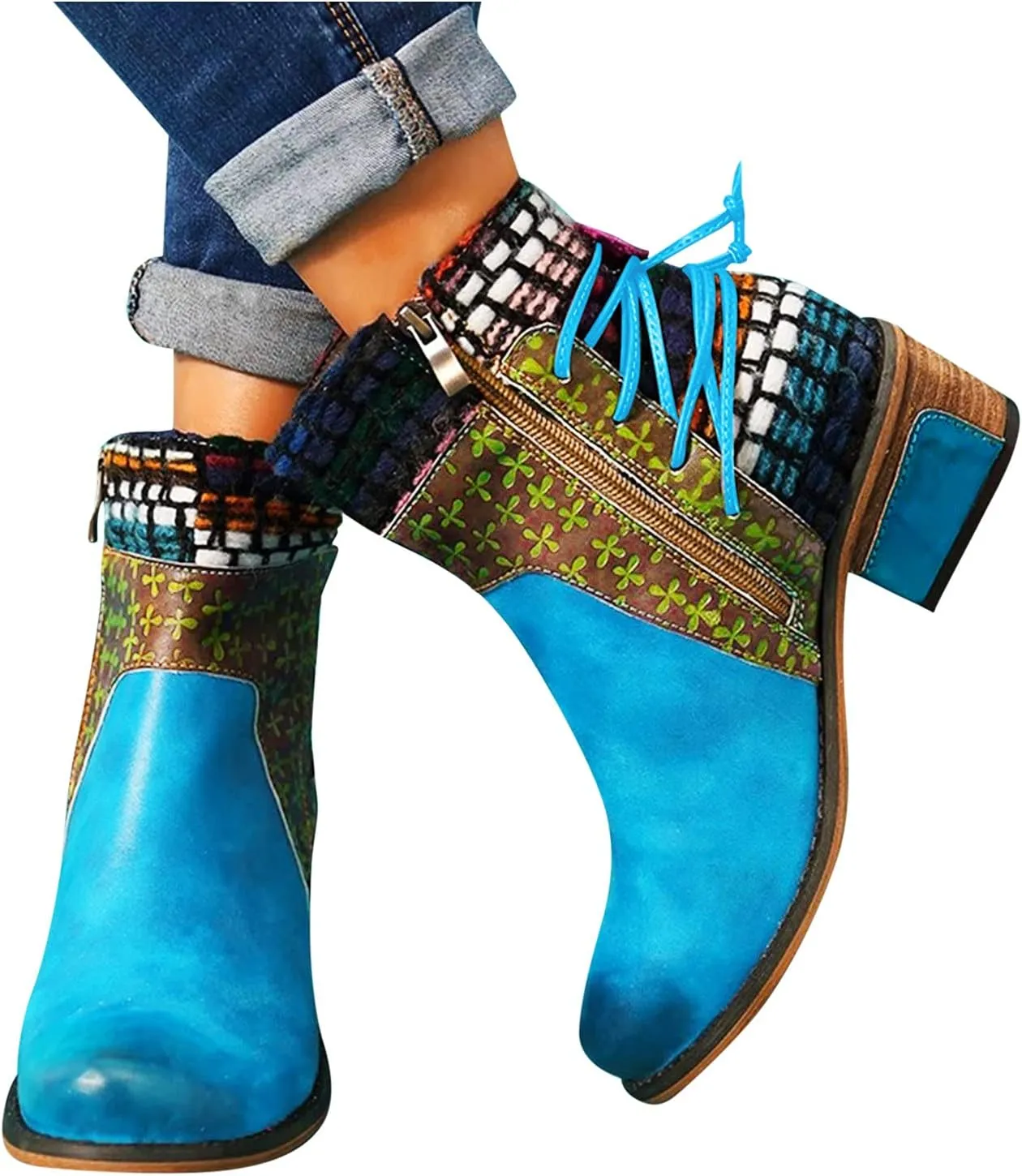 Womens Boots Roman Ethnic Style Soft Cozy PU Leather Fashion Boots for Women Side Zipper Square Heel Ankle Boots