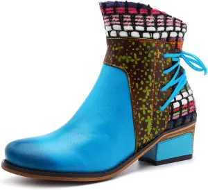Womens Boots Roman Ethnic Style Soft Cozy PU Leather Fashion Boots for Women Side Zipper Square Heel Ankle Boots
