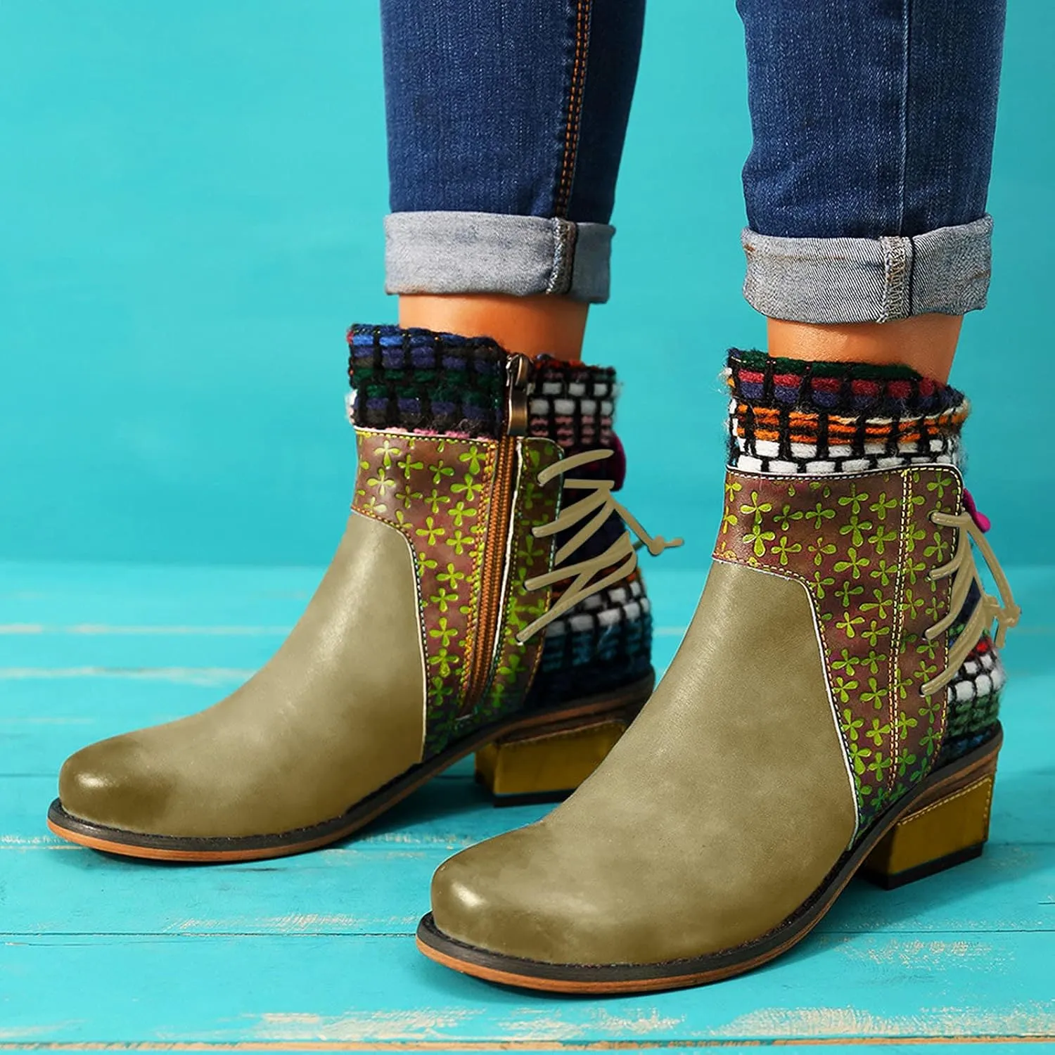 Womens Boots Roman Ethnic Style Soft Cozy PU Leather Fashion Boots for Women Side Zipper Square Heel Ankle Boots