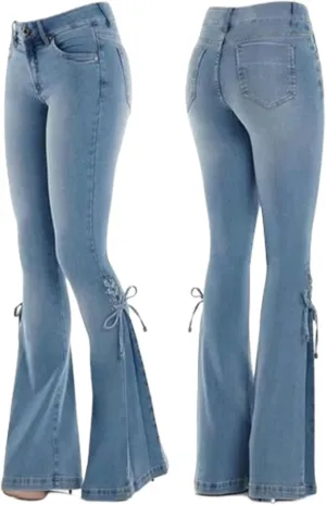 Women's Denim Pants Mid Waist Lace Up Bell Bottom Pants Vintage Flare Jeans Lightweight Pants