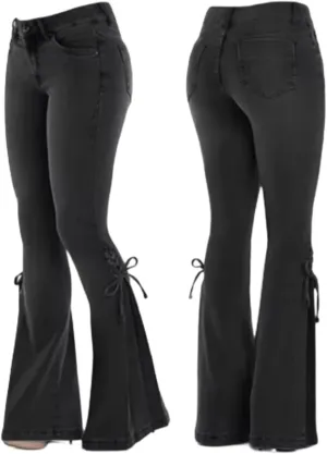 Women's Denim Pants Mid Waist Lace Up Bell Bottom Pants Vintage Flare Jeans Lightweight Pants
