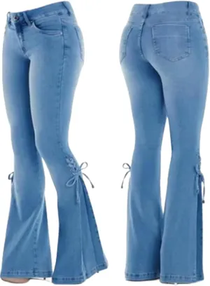 Women's Denim Pants Mid Waist Lace Up Bell Bottom Pants Vintage Flare Jeans Lightweight Pants