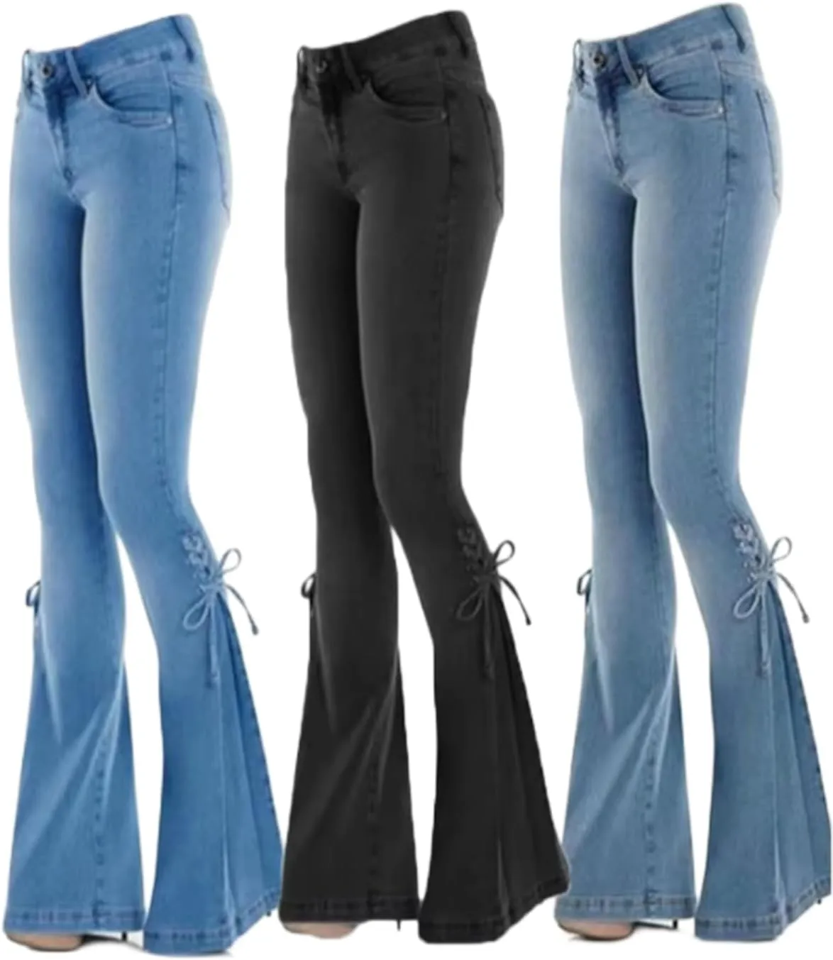 Women's Denim Pants Mid Waist Lace Up Bell Bottom Pants Vintage Flare Jeans Lightweight Pants