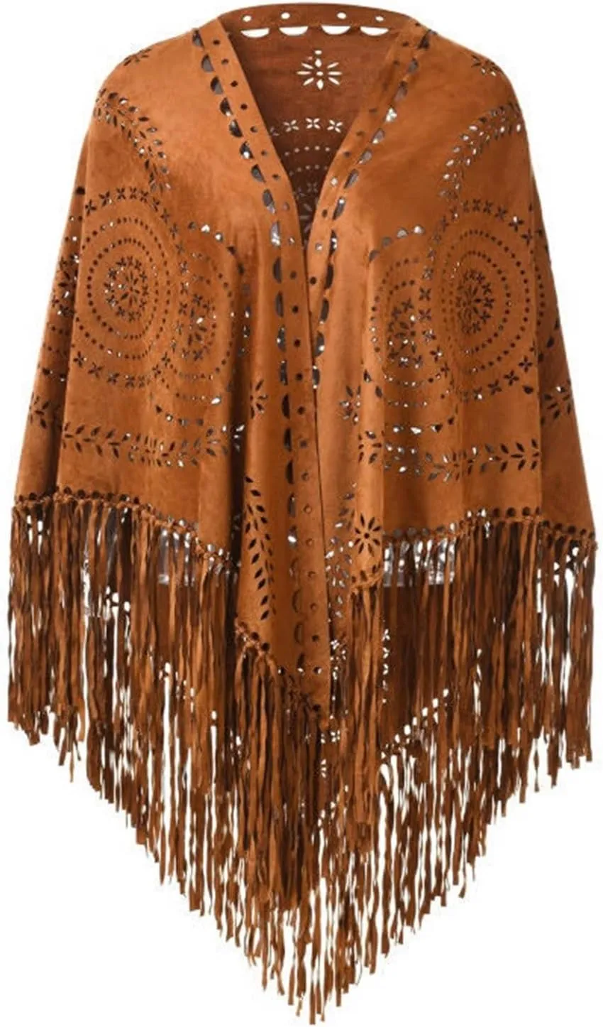 Women's Faux Suedette Shawl Graceful Fringed Cape Cut out Asymmetric Soft Oversized Scarf Wrap Poncho with Tassel