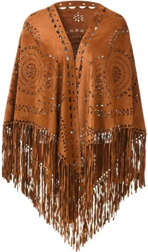 Women's Faux Suedette Shawl Graceful Fringed Cape Cut out Asymmetric Soft Oversized Scarf Wrap Poncho with Tassel