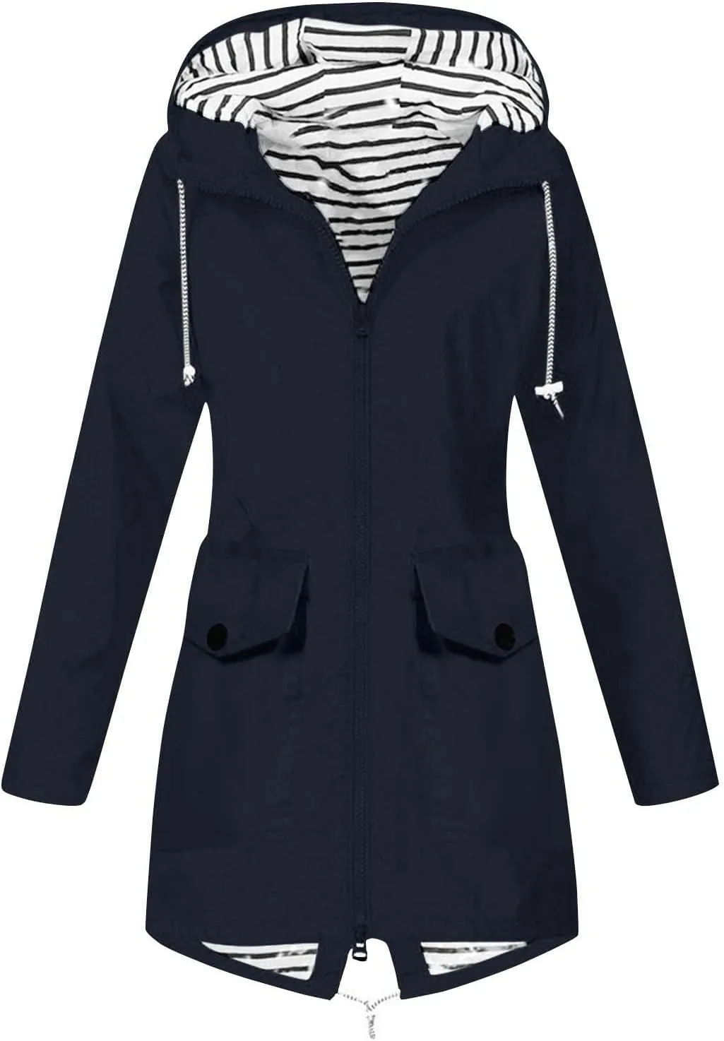 Women's Rain Jacket Long Outdoor Waterproof Hooded Raincoat Solid Drawstring Nylon Warm Zip Up Windbreaker with pockets