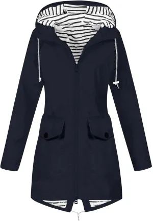 Women's Rain Jacket Long Outdoor Waterproof Hooded Raincoat Solid Drawstring Nylon Warm Zip Up Windbreaker with pockets