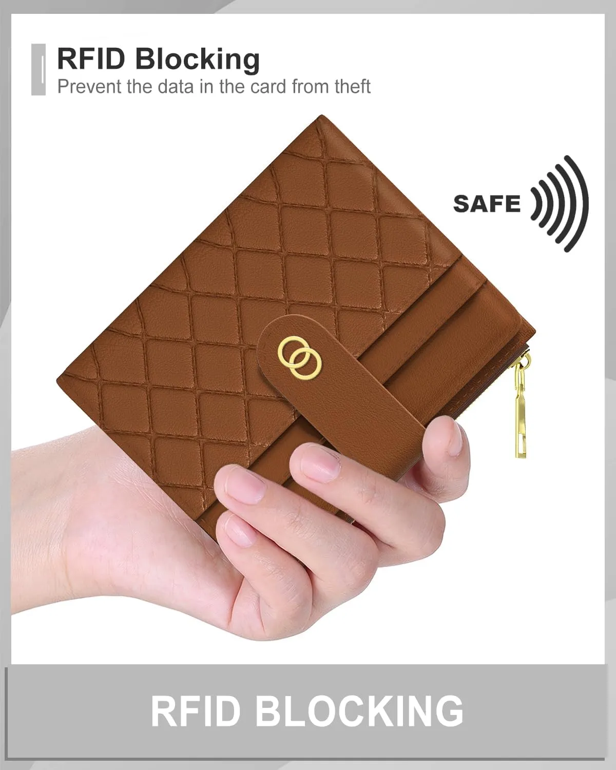 Womens Wallet, RFID Small Slim Wallets for Women, Compact Credit Card Holder, Cute Leather Bifold Ladies Purse with Zipper Coin Pocket and ID Window, Brown