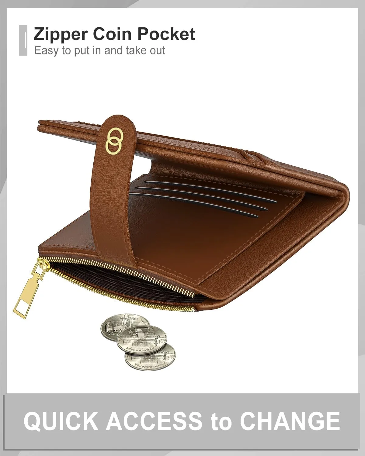 Womens Wallet, RFID Small Slim Wallets for Women, Compact Credit Card Holder, Cute Leather Bifold Ladies Purse with Zipper Coin Pocket and ID Window, Brown