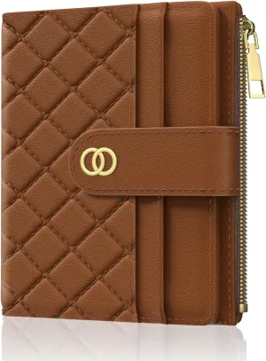 Womens Wallet, RFID Small Slim Wallets for Women, Compact Credit Card Holder, Cute Leather Bifold Ladies Purse with Zipper Coin Pocket and ID Window, Brown