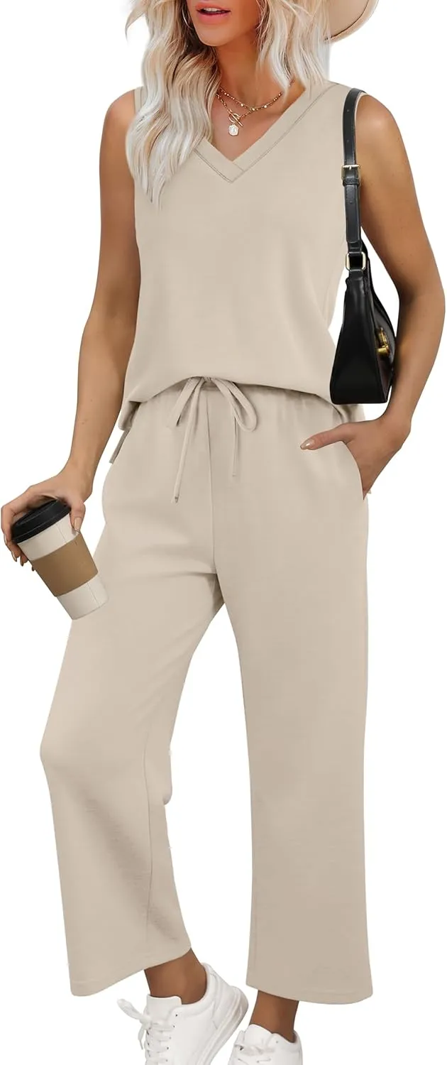 XIEERDUO Two Piece Sets for Women Summer Vacation Travel Outfits V Neck Lounge Matching Sets