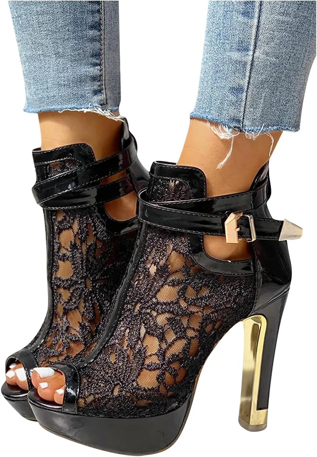 ZSpzx Stiletto Heels Sandals for Women Pointed Toe Peep Toes Embroidered Mesh Orthopedic Boots Sandal Ladies High Heel Cushion Footbed Adjustable Strappy Dressy Fashion Daily Wear Shoes