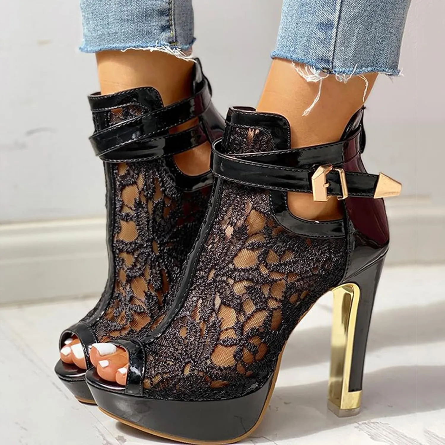 ZSpzx Stiletto Heels Sandals for Women Pointed Toe Peep Toes Embroidered Mesh Orthopedic Boots Sandal Ladies High Heel Cushion Footbed Adjustable Strappy Dressy Fashion Daily Wear Shoes