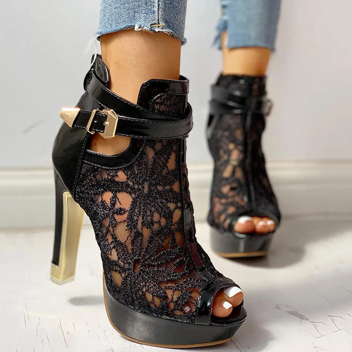 ZSpzx Stiletto Heels Sandals for Women Pointed Toe Peep Toes Embroidered Mesh Orthopedic Boots Sandal Ladies High Heel Cushion Footbed Adjustable Strappy Dressy Fashion Daily Wear Shoes