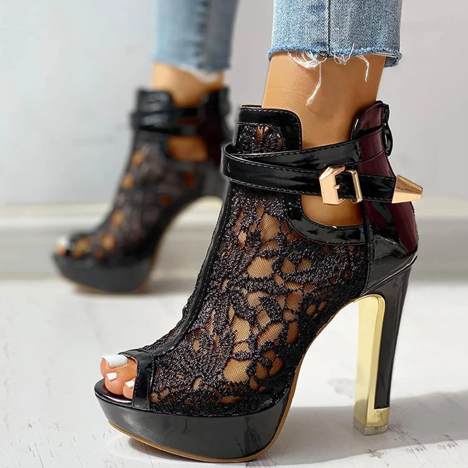 ZSpzx Stiletto Heels Sandals for Women Pointed Toe Peep Toes Embroidered Mesh Orthopedic Boots Sandal Ladies High Heel Cushion Footbed Adjustable Strappy Dressy Fashion Daily Wear Shoes